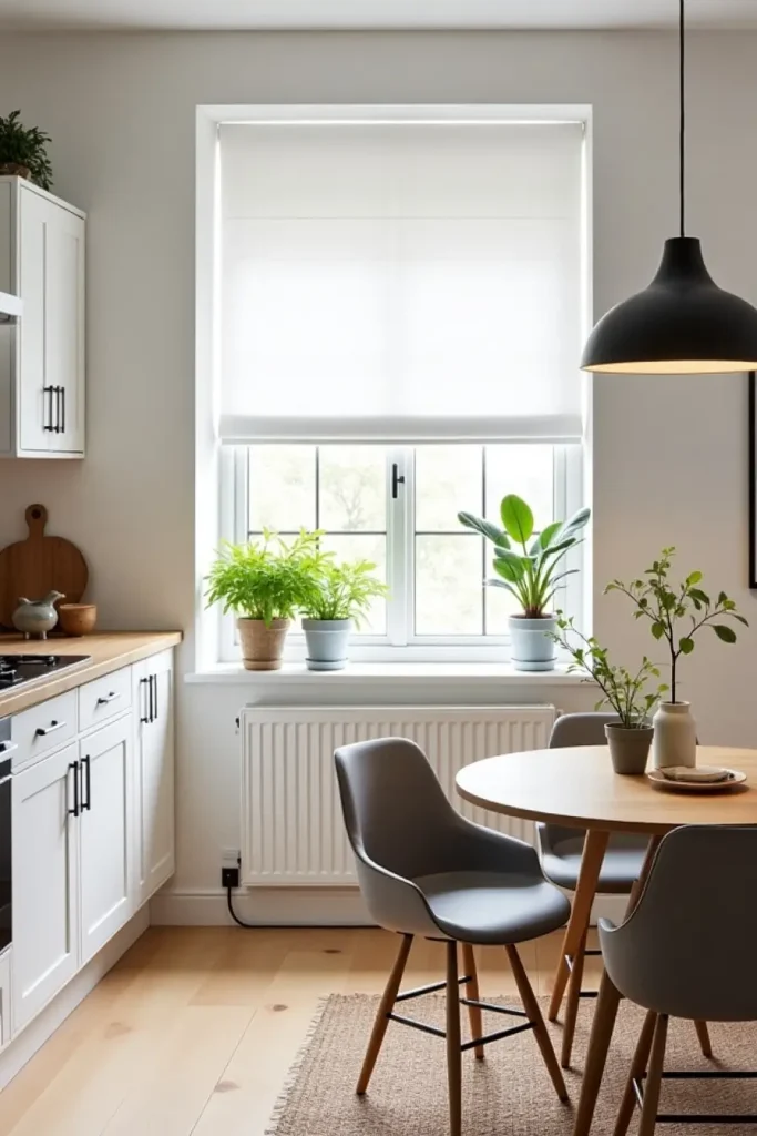 Scandinavian family kitchen with cordless Roman blinds, child-friendly furniture, and soft lighting.