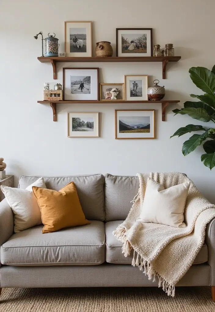 shelves with personal photos and decor above gray sofa