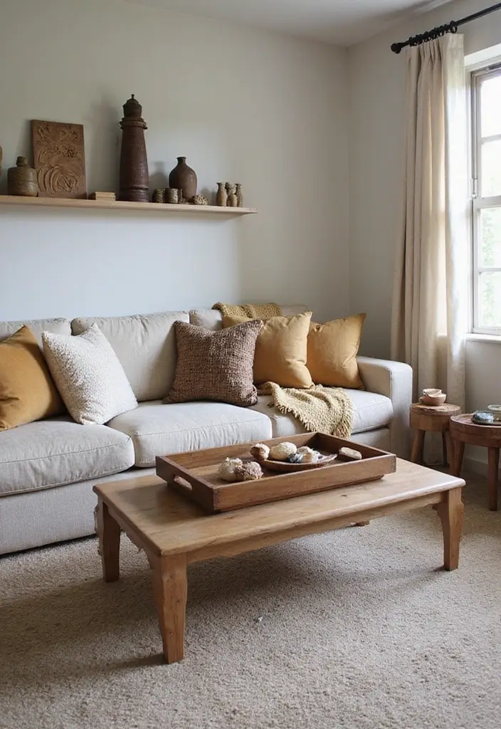 sofa with blanket and decorative tray