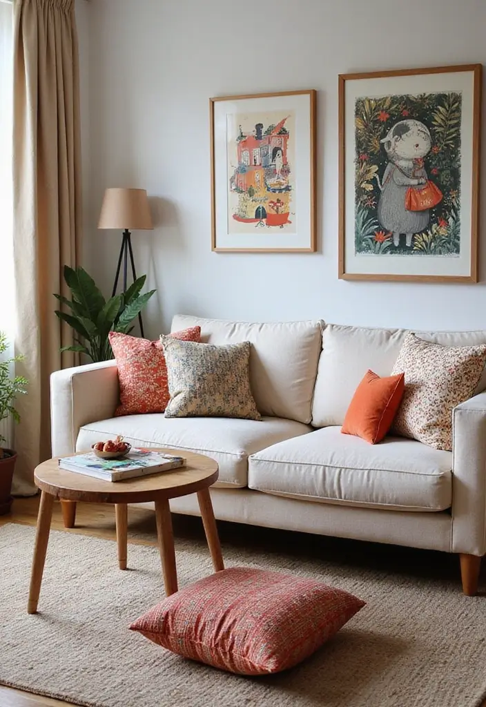 sofa with patterned pillows and colorful wall art