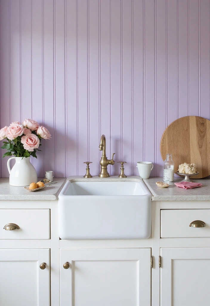 soft lavender bead board backsplash for a romantic kitchen