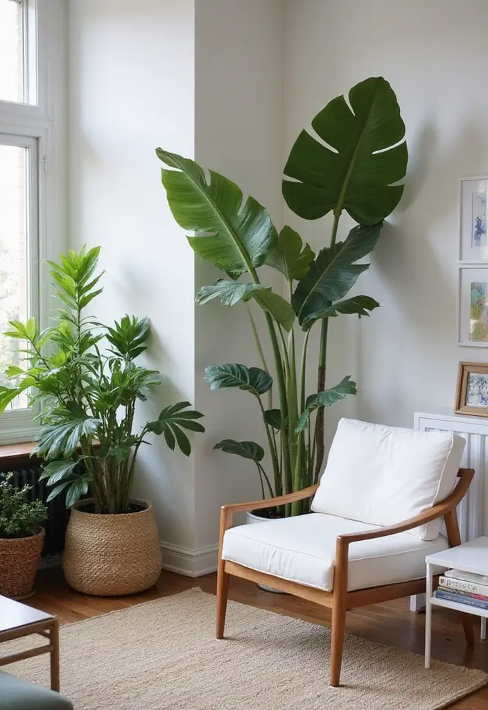statement plants next to white armchair