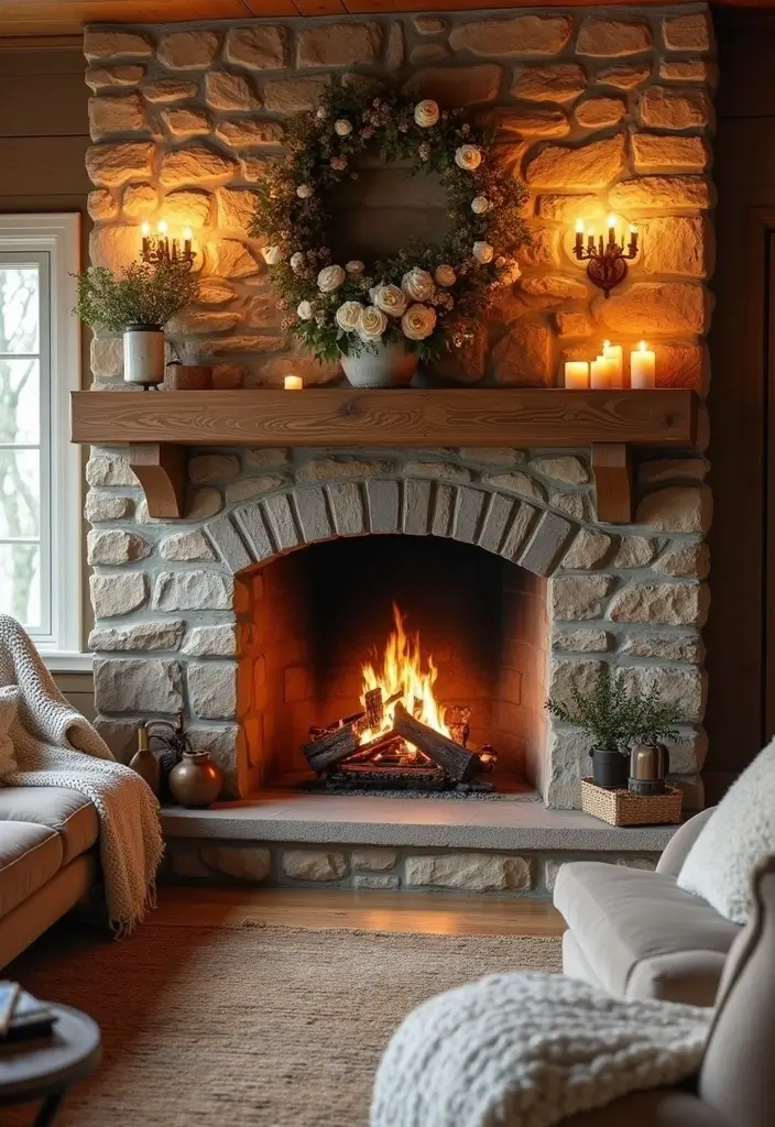 stone fireplace with candles on mantel