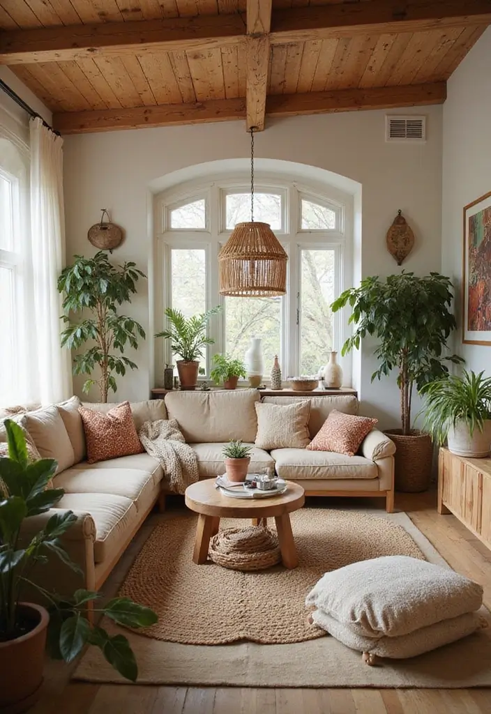 sustainable boho living room with plants