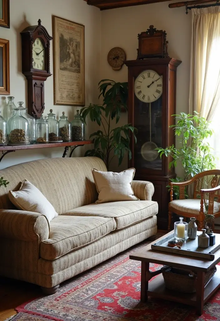 vintage clock and mason jars on table