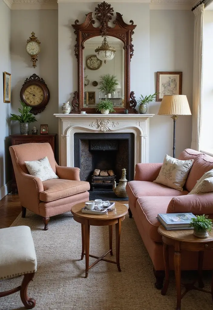 vintage clock and mirror on shelf