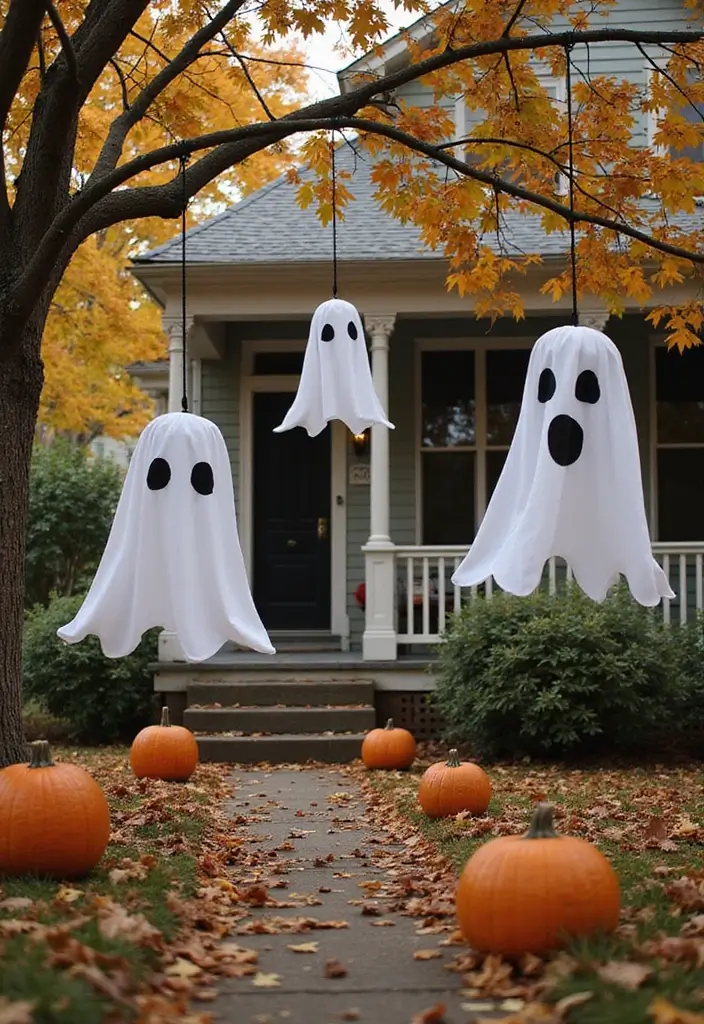 vintage ghost decorations hanging for halloween
