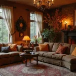 vintage halloween decorations with pumpkins and lanterns