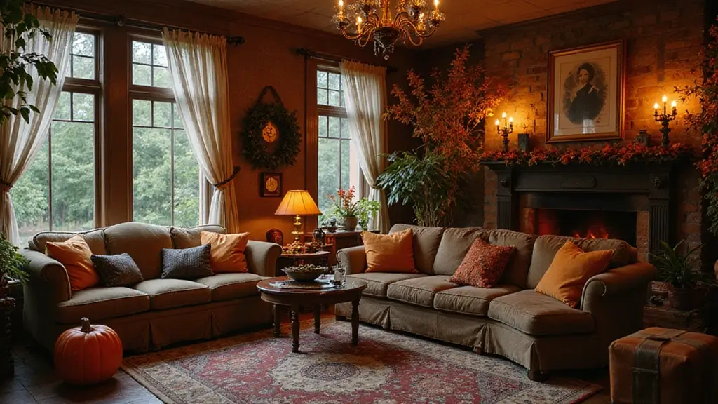 vintage halloween decorations with pumpkins and lanterns