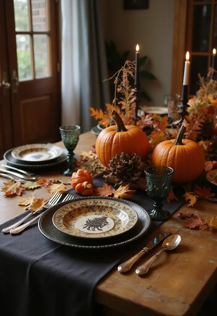 vintage halloween tableware with pumpkins and ghosts