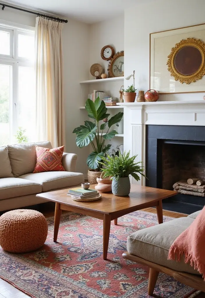 vintage mid-century furniture with patterned rug, plants, and decorative mantel