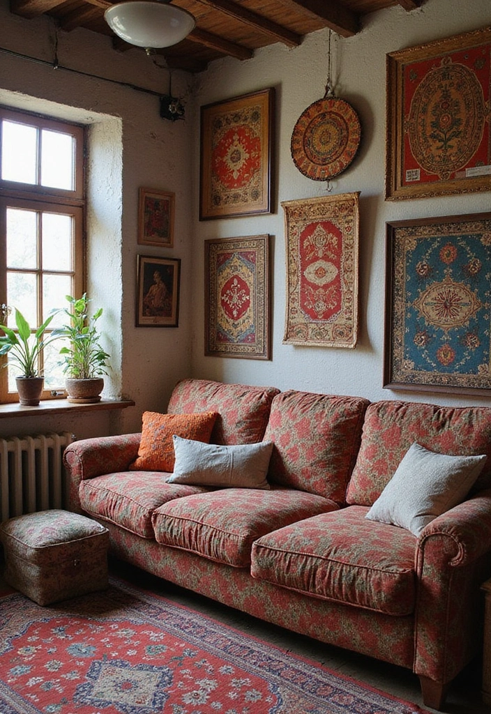 vintage textiles and patterned sofa with wall hangings