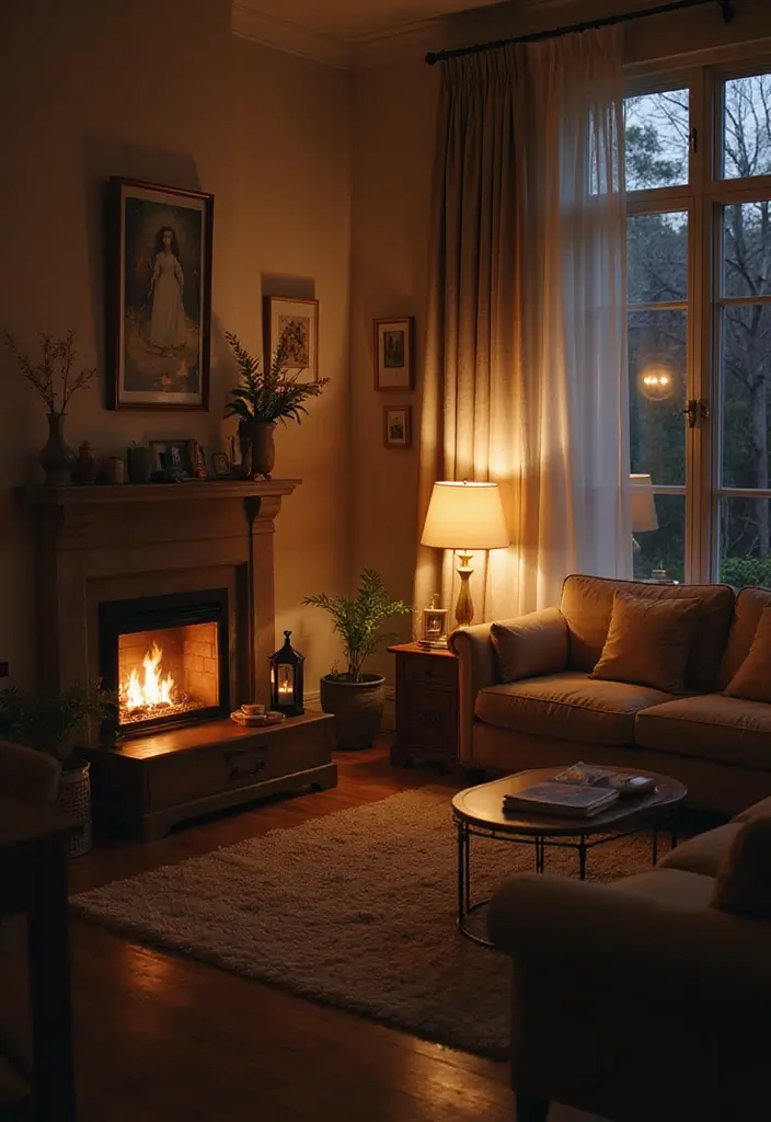 warmly lit living room with fireplace, table lamp, and comfortable sofa