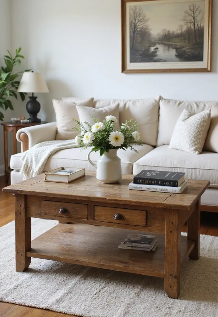 weathered wood coffee table with decor