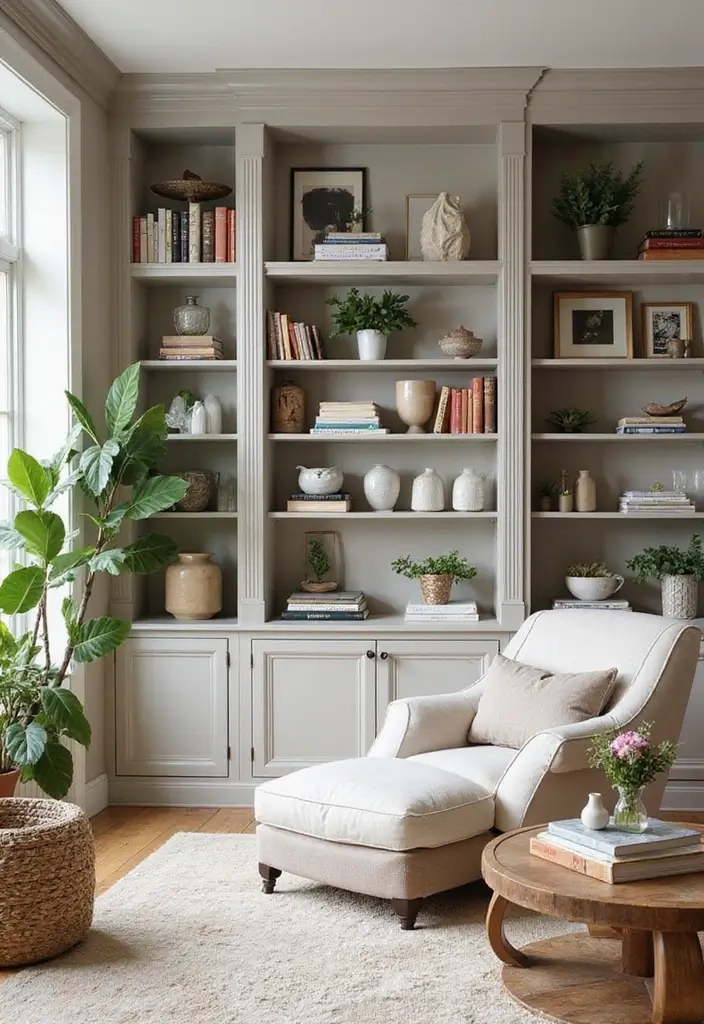 white bookcase with books and plants