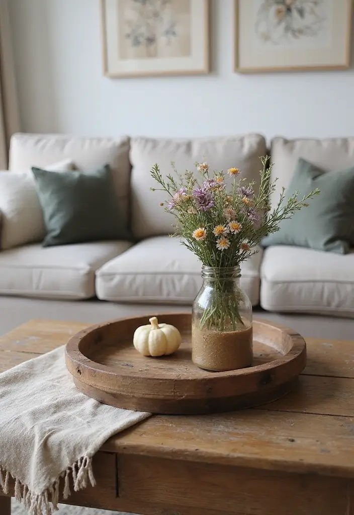 wooden tray with candles and flowers