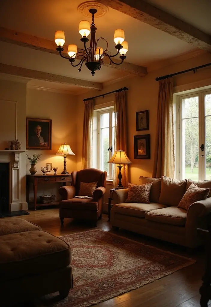 wrought iron chandelier in warm-lit living room