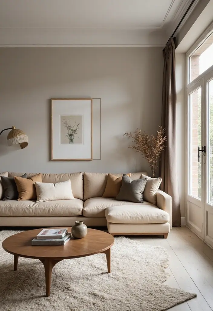 living room with rounded sofa and circular rug