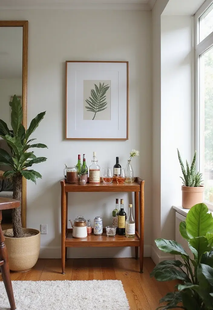 bar cart with drinks and glasses