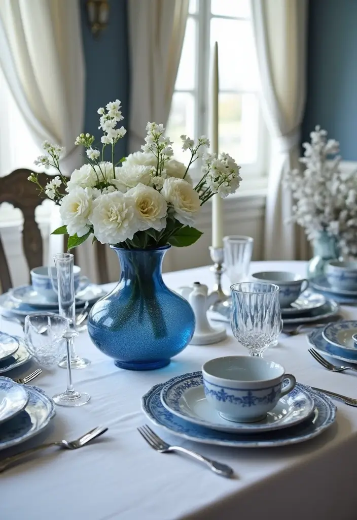 blue and white christmas table with elegant plates