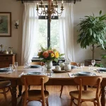 boho dining room with woven decor