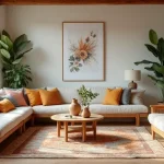 boho farmhouse living room with cozy textiles