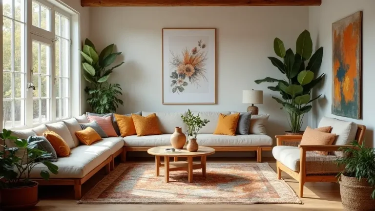 boho farmhouse living room with cozy textiles