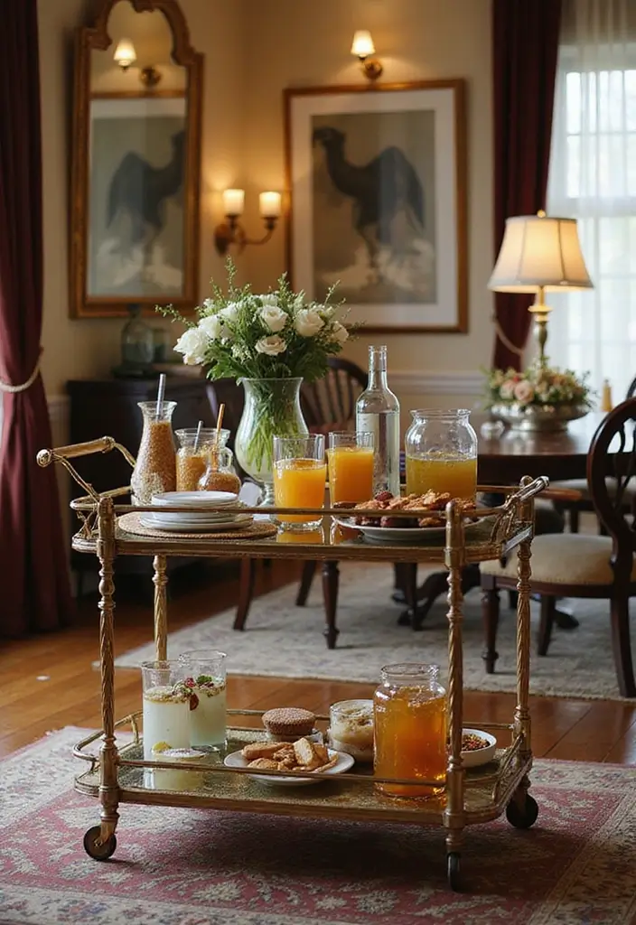 brass serving cart with glassware