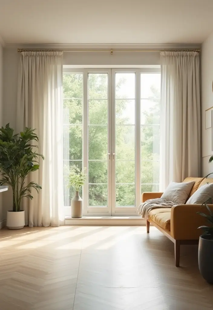 bright living room with large windows and sheer curtains