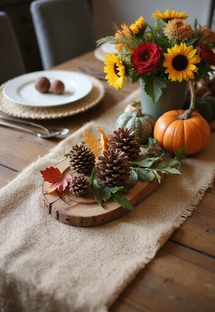 burlap table runner with fall decor