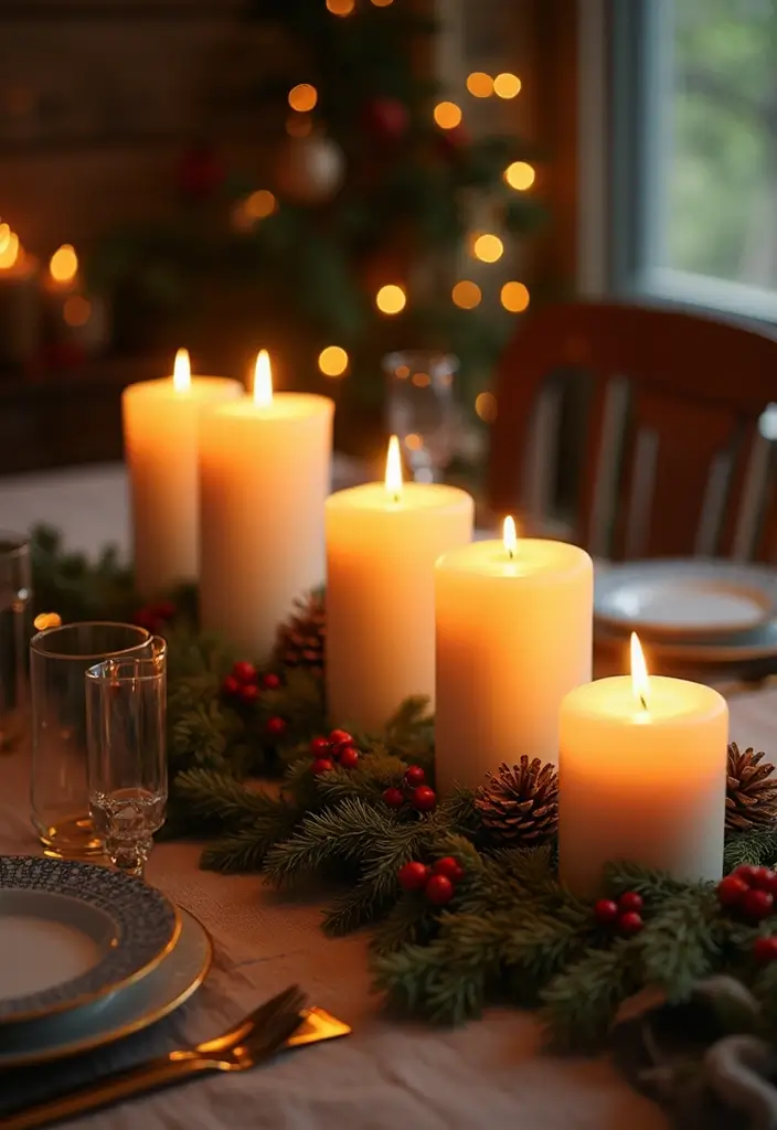 candlelit christmas table with evergreen branches