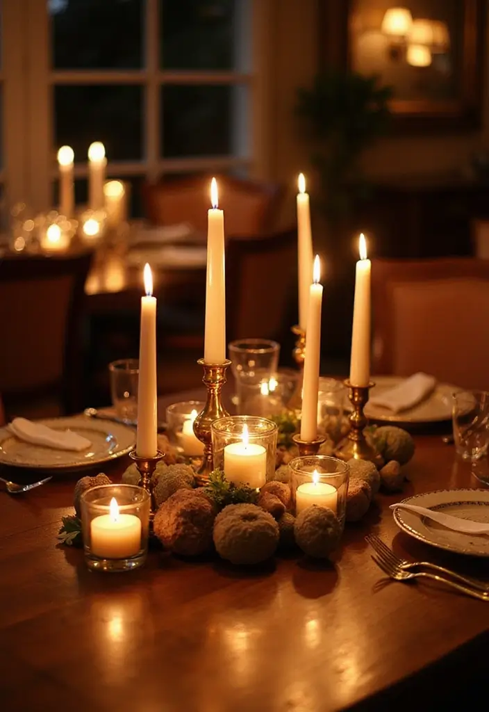 candles in mason jars on dining table
