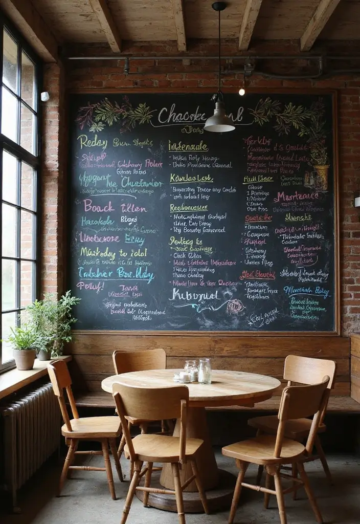 chalkboard menu on brick wall by dining table