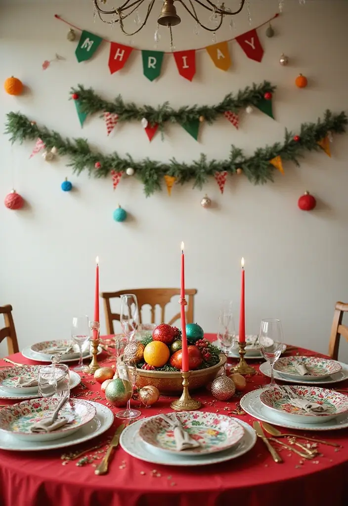 christmas table with colorful holiday banners