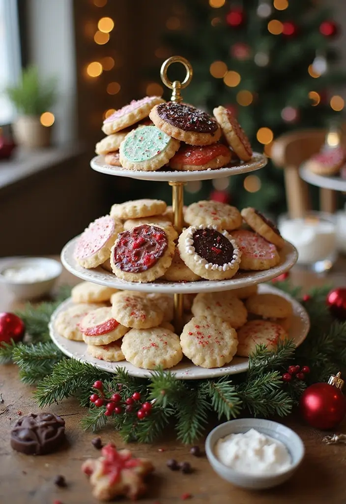 christmas table with tiered dessert stand of candies