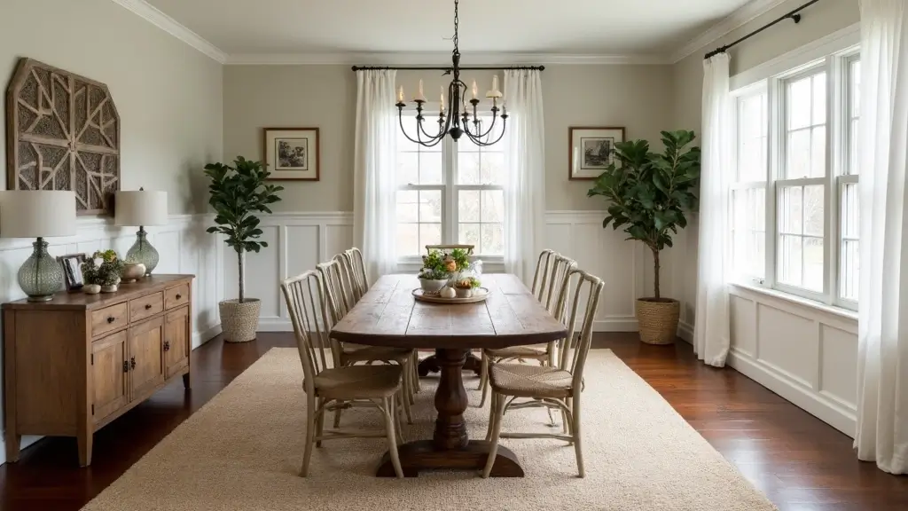 cozy farmhouse dining room with wooden table and decor