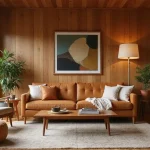 cozy mid century modern living room with warm tones and wood furniture