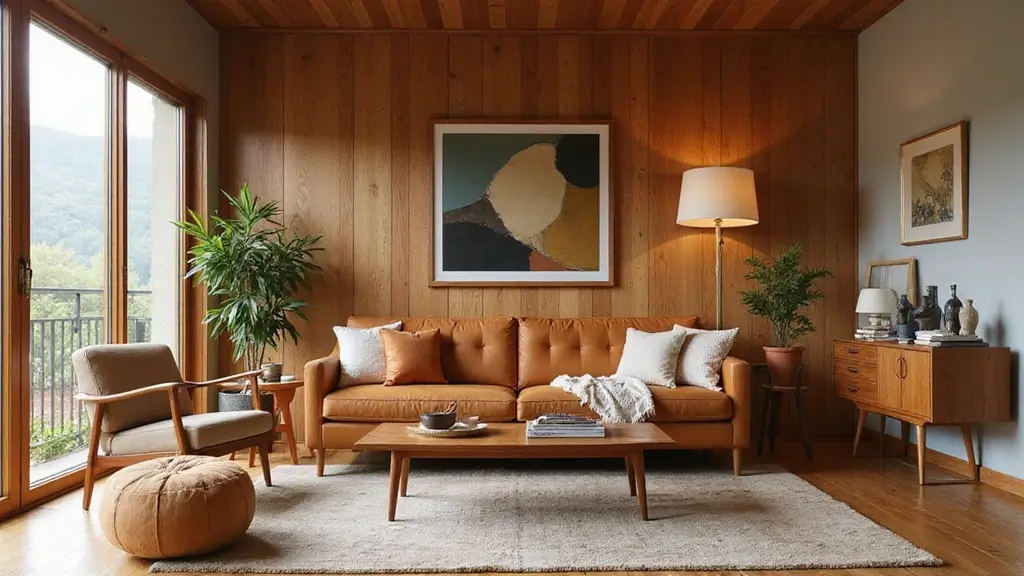cozy mid century modern living room with warm tones and wood furniture
