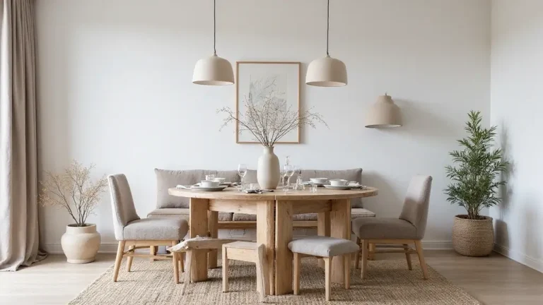 cozy scandinavian dining room with light wood table and neutral decor