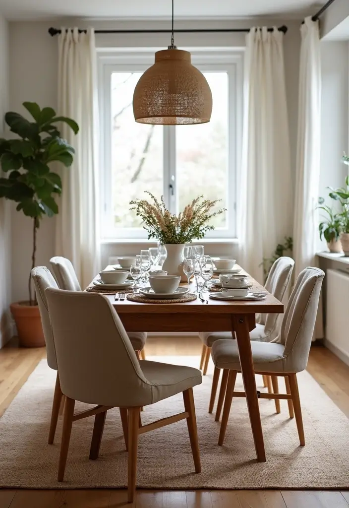 cozy scandinavian dining room with warm lighting and minimal decor