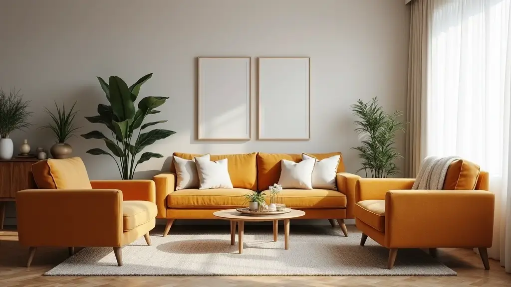 cozy scandinavian living room with wood furniture and soft textiles