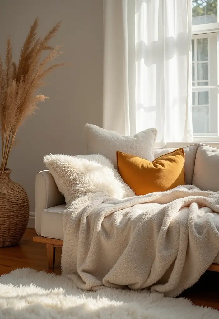 cozy sofa with linen throws and plush rug in a living room