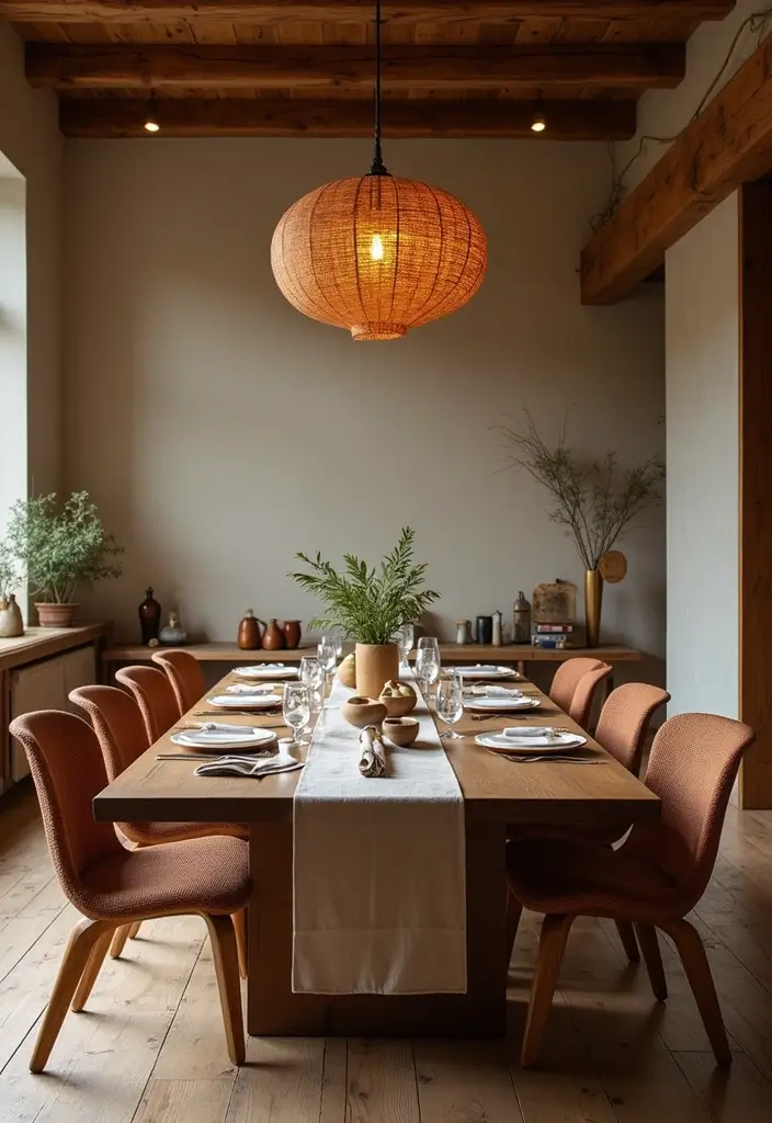 cozy wabi sabi dining room with wooden table and candles