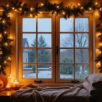 cozy window with christmas lights and decorations