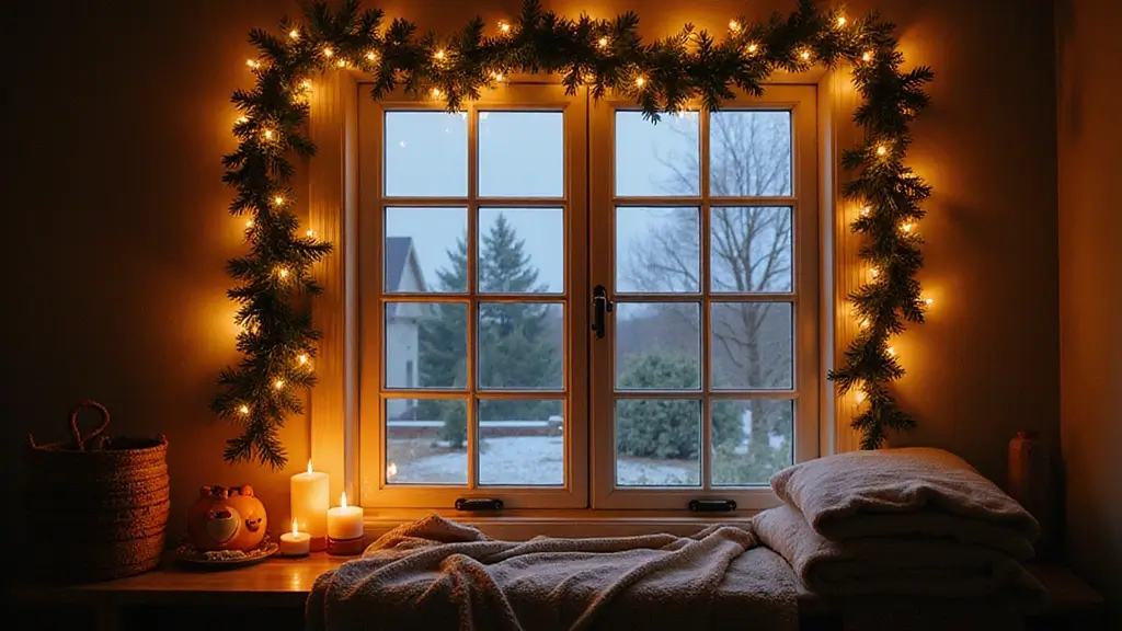 cozy window with christmas lights and decorations