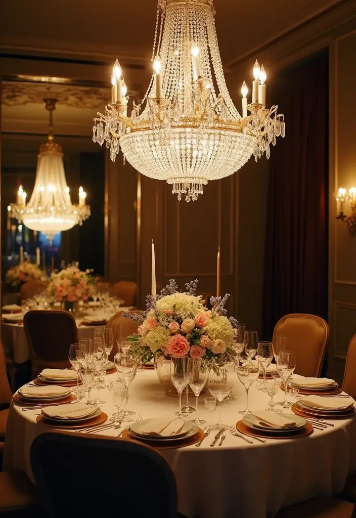 crystal chandelier over dining table