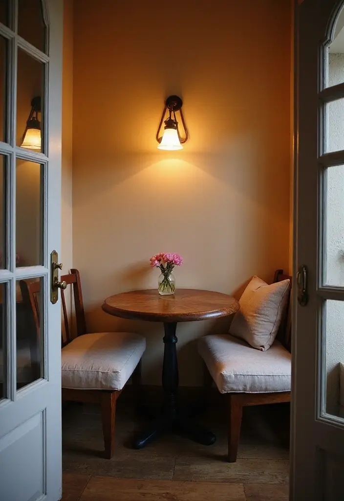 dining room corner with bistro table and cushioned bench