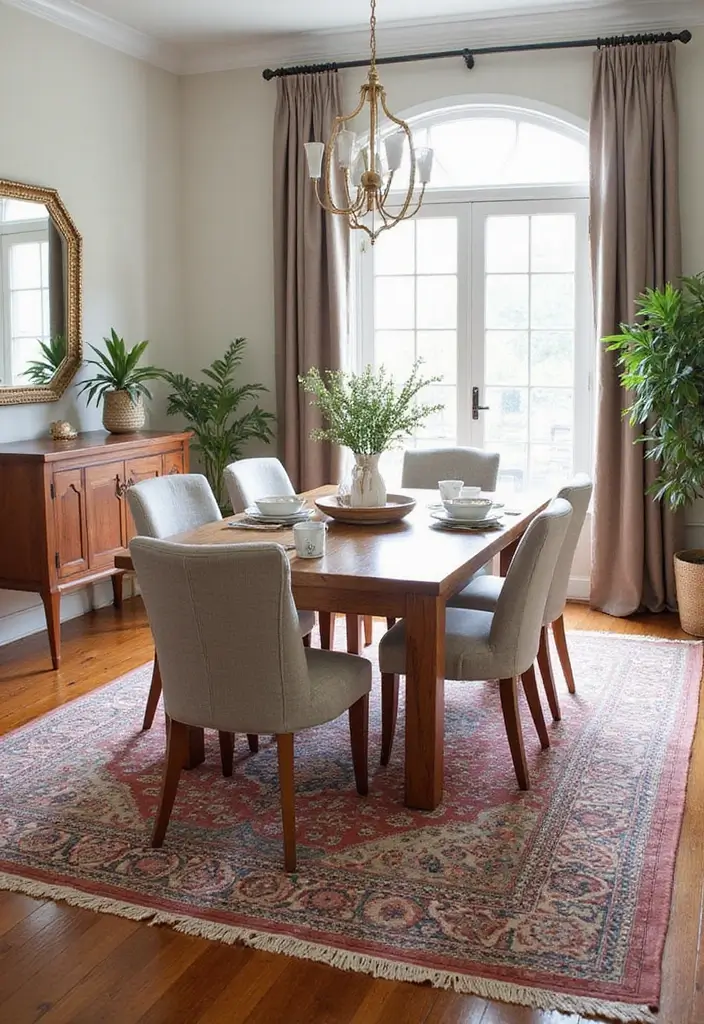 dining room with bold rug