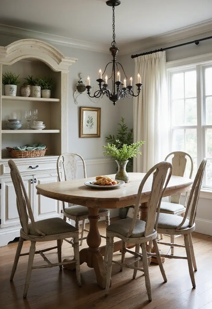 dining room with distressed wood chairs and weathered table