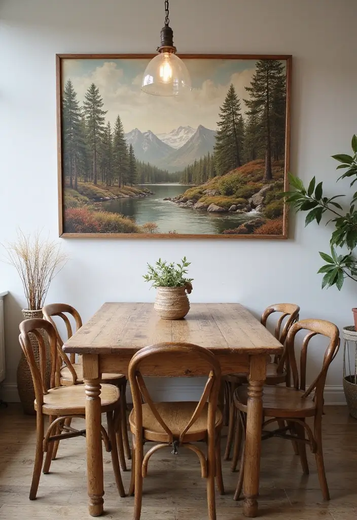 dining room with large canvas of mountain landscape